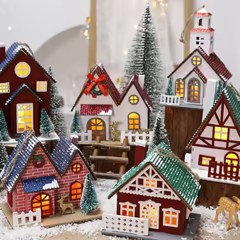 [G332] LED Wooden Christmas House Miniature Winter Village Snowy Building Figurine Table Ornament Ho