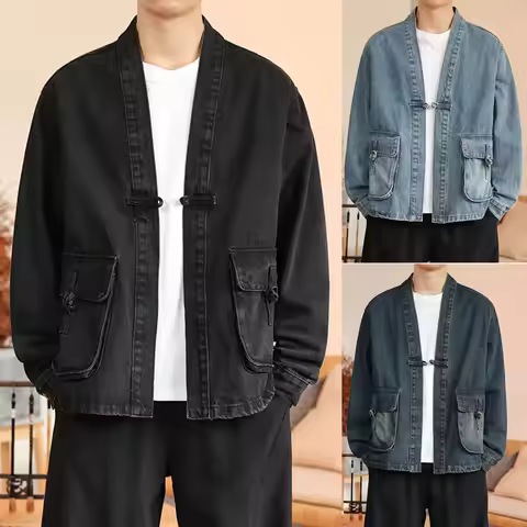 Vintage Jeans Jacket Men Long Sleeve Cardigan Loose Fit Denim Jackets Cool Streetwear Hip Hop Appare