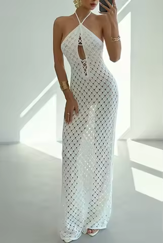 Women's Halter Neck Backless Lace-Up Long Slim Fit Knit Dress See-Through Crochet Beach Bikini Cover