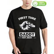 [ First Time Daddy Print Tee] First Time Daddy Est 2024 Print - Casual Short Sleeve Crew Neck T-Shir