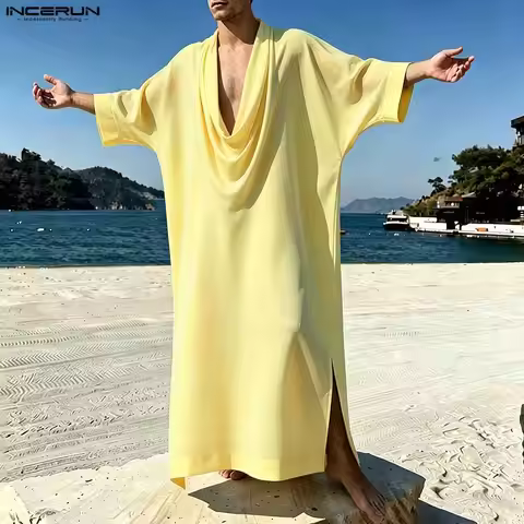 INCERUN Men's Muslim Kaftan Solid Color 3/4 Sleeve Vintage Robes For Man Caftan Oversize Loose 2026