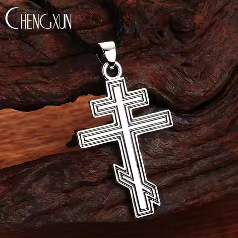 Vintage Russian Orthodox Cross Necklace for Men Women Byzantine Cross Pendant Christian Suppedaneum 