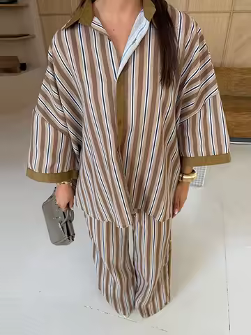 Loose Stripe Shirt Pants Set Women Casual Turndown Collar Three-quarter Sleeves Single-breasted Top 