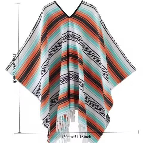 Mexican Geometric Fringe Poncho Woven Pullover Boho Festival Outfit Essential
