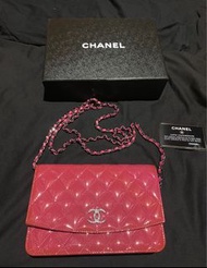 Chanel 銀釦漆皮玫紅粉WOC