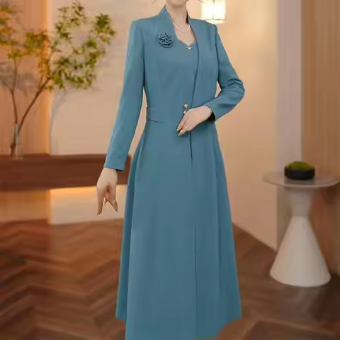 Womens Suits 2 Piece Set Long Blazers Jacket A-Line Dress Set Suit Coat Dress for Formal Occasions W