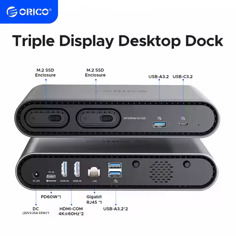 ORICO M.2 NVME SATA SSD Case Triple Display Docking Station Deck with Dual 4K60Hz HDMI-com PD60W Eth