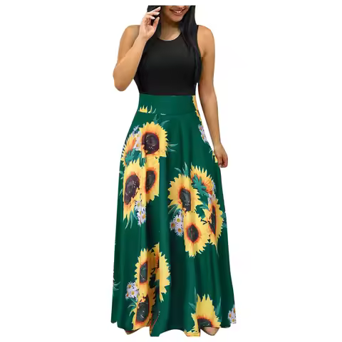 Sunflower Print Sundress Bohemian Big Swing Beach Dress Women Casual Loose Short Sleeve Maxi Long Dr