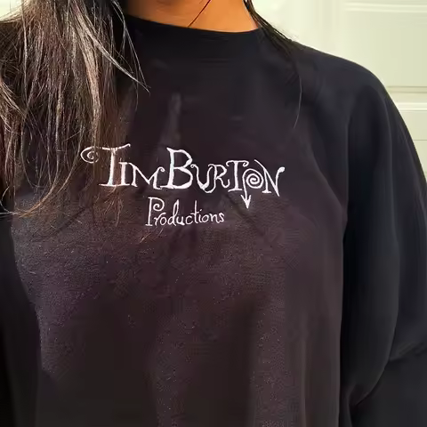 Tim Burton Production Letters Embroidered Crewneck Sweatshirts Unisex Cotton Autumn Thick Pullover V