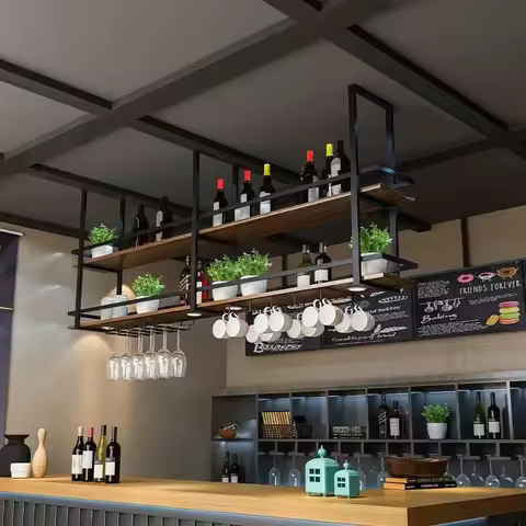 Industrial Style Solid Wood Iron Hanging Rack Storage Rack Bar Counter Restaurant Bar Kitchen Hangin