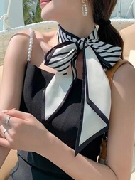1條女性高端模擬絲織印花條紋裝飾窄頸巾,可綁在包包或脖子上