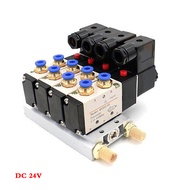 4V210-08 DC12V DC24V AC220V 2 ตำแหน่ง 5 ทางโซลินอยด์วาล์วอลูมิเนียมฐานติดตั้ง Mufflers ชุด 4 Station
