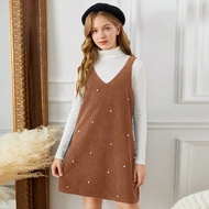 Teen Girls 2 Pieces Set: Ribbed Knit Turtleneck Long Sleeve Top & Solid Color Corduroy Sleeveless Be