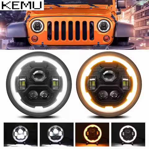 1/2Pcs 7 Inch LED Round Headlight Gear Angel Eye Wrangler Jeep Off-road Headlight H4 200W 6000K/3500