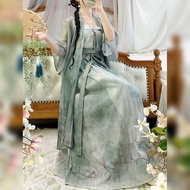 Ink-Gangnam Style Silk Watercolor Women's Hanfu Dress - Full Set with Semi-Sleeve Waist Length