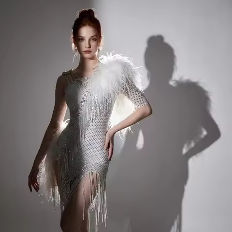 Womens Dance Suit Latin Costume Evening Feather Dresses Girls Cabaret Competition Outfits Formal Sta