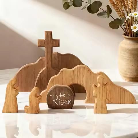Empty Tomb Scene Spring Easter Decoration Jesus Christ Birth and Resurrection Statue Set with Wooden
