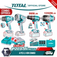 Total 4 Pcs Combo Li-ion Cordless Impact Drill 96Nm + Impact Wrench 1350Nm + Work Lamp + Heat Gun TO