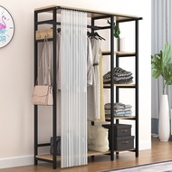 💘&amp;Floor-Type Coat Hanger Iron Wardrobe Simple Household Dustproof Storage Coat Rack with Curtain Open Wardrobe KQE2