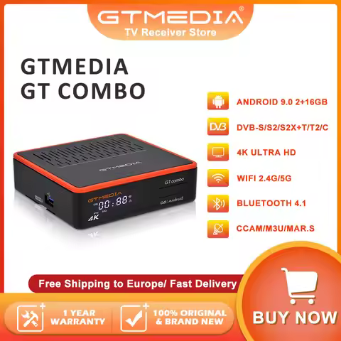 GTMEDIA GT COMBO Android TV BOX Satellite Receiver DVB-S2X/S2/S DVB-T/T2/C 4K UHD HDR 10 H.265 2GB+1