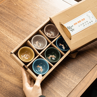 Ceramic Tea Cup Set 6pcs Ice Crack Glaze Creative Small Fish Embossed Design Chinese Style Handmade