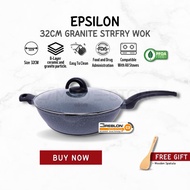 iGOZO EPSILON 32CM Non Stick Premium Granite IH Stirfry Wok Deep Fry Pan Cookware With Glass Lid (Free Wooden Spatula)