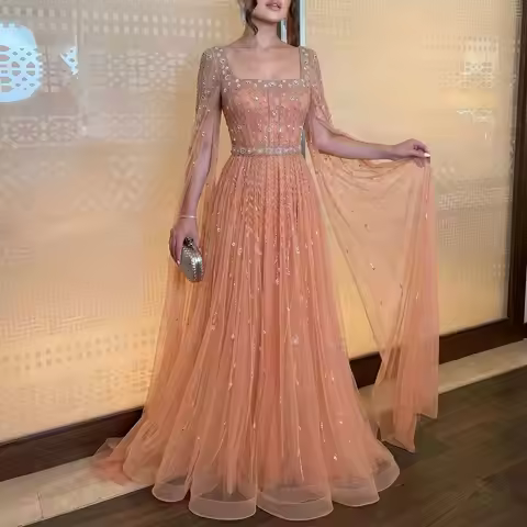 Sharon Said Luxury Lilac Champagne Square Neck with Sleeves Pink Muslim Evening Dress for Wedding Pa