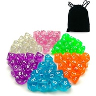 60pcs Assorted Colored Translucent D10 (1-10) Pack, 6X10pcs 10 Sides Dice Transparent Polyhedral Dic