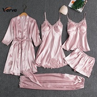 wumeier 5PC Silk Robe Sleep Suit - Women's Lace & Satin Pajama Gown Set