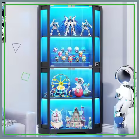 65" Corner Display Cabinet with LED Lights & Motion Sensor, Glass Door Curio Case for Collectibles, 