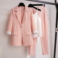 Women 3 Peices Set Blazer Jacket Outerwear + Flare Long Pants Plus Size Korean Bf Style Baggy Top