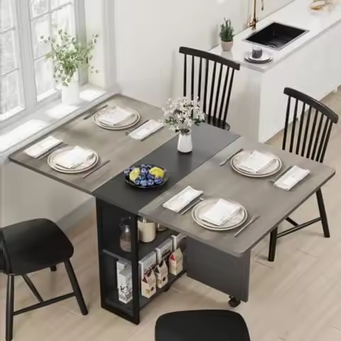 FoldingTable, Drop Leaf Dining Table with 6 Wheels and 2-Layer Storage Shelf, Space Saving Table for