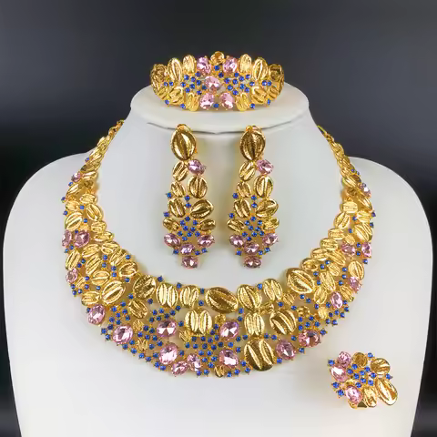 ESALE Vintage Opal Jewelry Set For Women Luxury Design Necklace Earrings Bracelet And Ring 18K Gold 