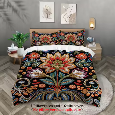 Three-piece set (1 duvet cover + 2 pillowcases,coreless),3D three-dimensional floral elements printe