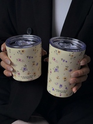 1pc Purple Floral 350ML/11.8OZ Or 280ML/9.47OZ Double Wall Stainless Steel Coffee Mug, Cup, Vacuum B