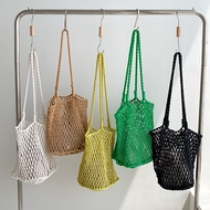 Large Capacity Tote Bag Handmade Cotton Rope Hollow Net Bag Beach Vacation Bag Woven Net Bag Straw B
