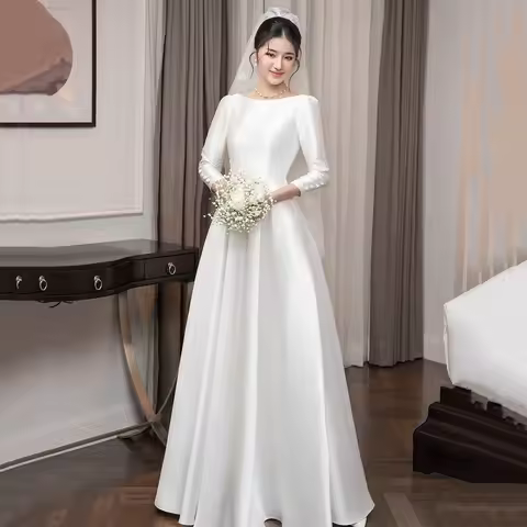 Simple Satin Wedding Dress For Bride Women Long Sleeve A-Line Bridal Gown Customized Elegant Korea W