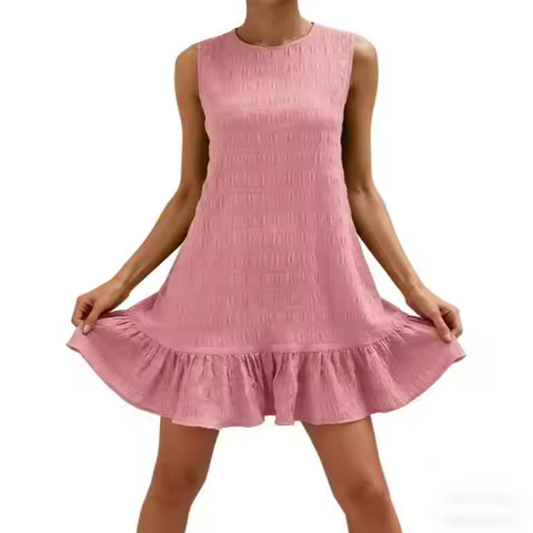 Spring Summer Women's Sleeveless Round Neck Miin Dress Loose Versatile Solid Color Pleated Beach Dre