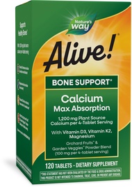 Alive! Calcium Max Absorption, Bone Support*, Plant Source Calcium, Vitamin D3 & K2, Magnesium, 120 