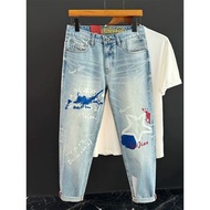 Summer Graffiti Flower Jeans Slim-fit Small Feet Light Blue Retro Washable Light Luxury Pants 25.9.2