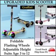 Foldable 3 Wheels Kids Scooter with Light Up Front Wheels. Upgraded Wider Wheels for better stability and safety! Adjustable Height. Ship from SG