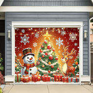 Merry Christmas Garage Door Banner - Snowman, Reindeer And Pine Tree Design 8x7 Ft / 13x6 Ft / 16x7 
