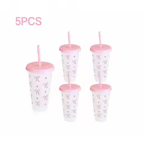 Set Includes 5 Reusable Plastic Cups With Pink Ribbons, Each Cup Has A Capacity Of 24 Ounces With St