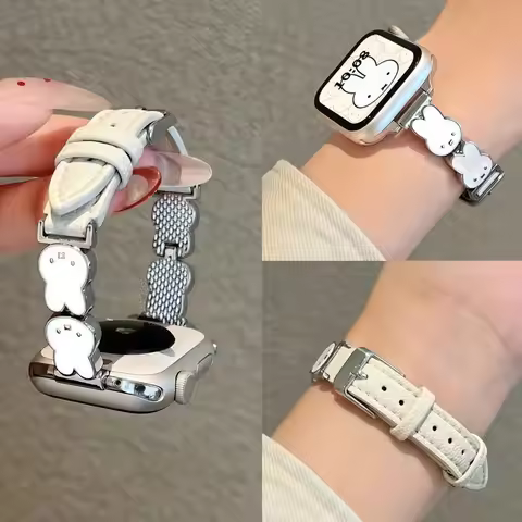 Miffy Rabbit Leather Watch Band For Apple Watch Series 11/10/9/8/7/6/Se Cute Luxury Women Strap For 