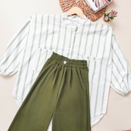 HIJAU KEMEJA IL - WOMEN'S SET JUMBO GREEN STRIPE SHIRT / SET KIANA SALUR COMBI KULOT BUTTONS