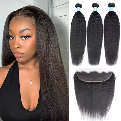 Alisky Hair Peruvian Hair Bundles With Frontal Kinky Straight Lace Frontal Closure With Bundles Huma