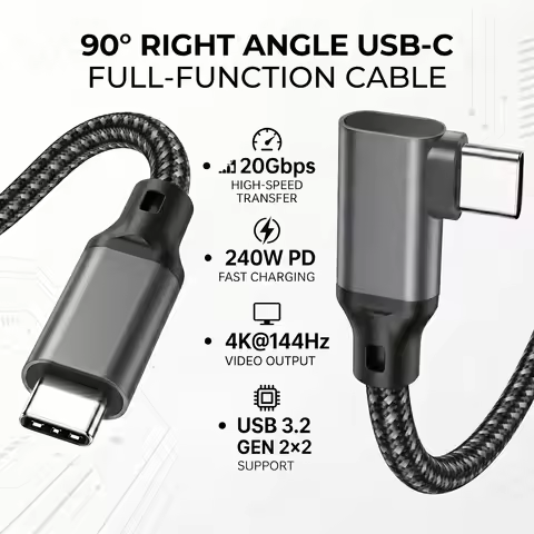 20Gbps 5K/4K Monitor Display Cable L-shaped USB Type C Data Cable Right Angle 90° USB3.2 Gen2x2 Data