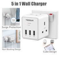 TESSAN TS224 Extension Plug Power Socket with USB，Surge Protector 2 Way Plug Adaptor with 3 USB, 13A Cube UK 3 Pin Multi