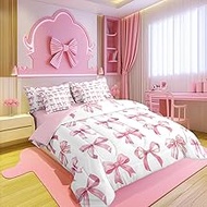 Pink Bowknot Comforter Set 7 Pieces,Girly Princess Style Bed Set for Kids,Watercolor 3D Bow Girl Bed