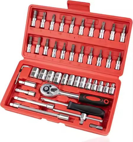 46PCS 1/4 Inch Metric Socket Ratchet Wrench Set with Extension Bar, Compact Tool Kit for Car Mainten